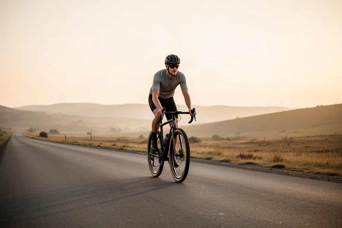 Ciclista pedalando uma road bike endurance em estrada aberta no campo na hora dourada