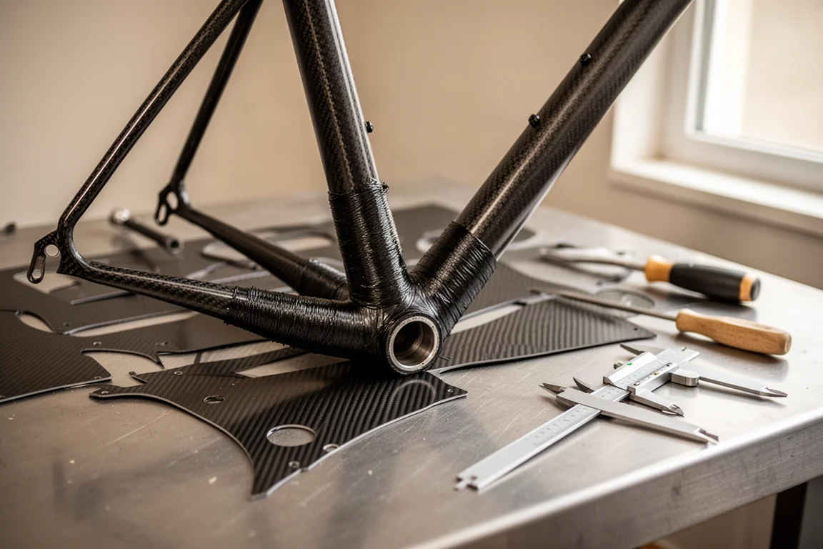 Quadro de bicicleta de fibra de carbono feito à mão em construção numa bancada de oficina
