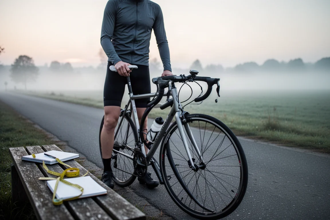 Ciclista ao lado de uma road bike numa estrada tranquila ao amanhecer com névoa sobre os campos