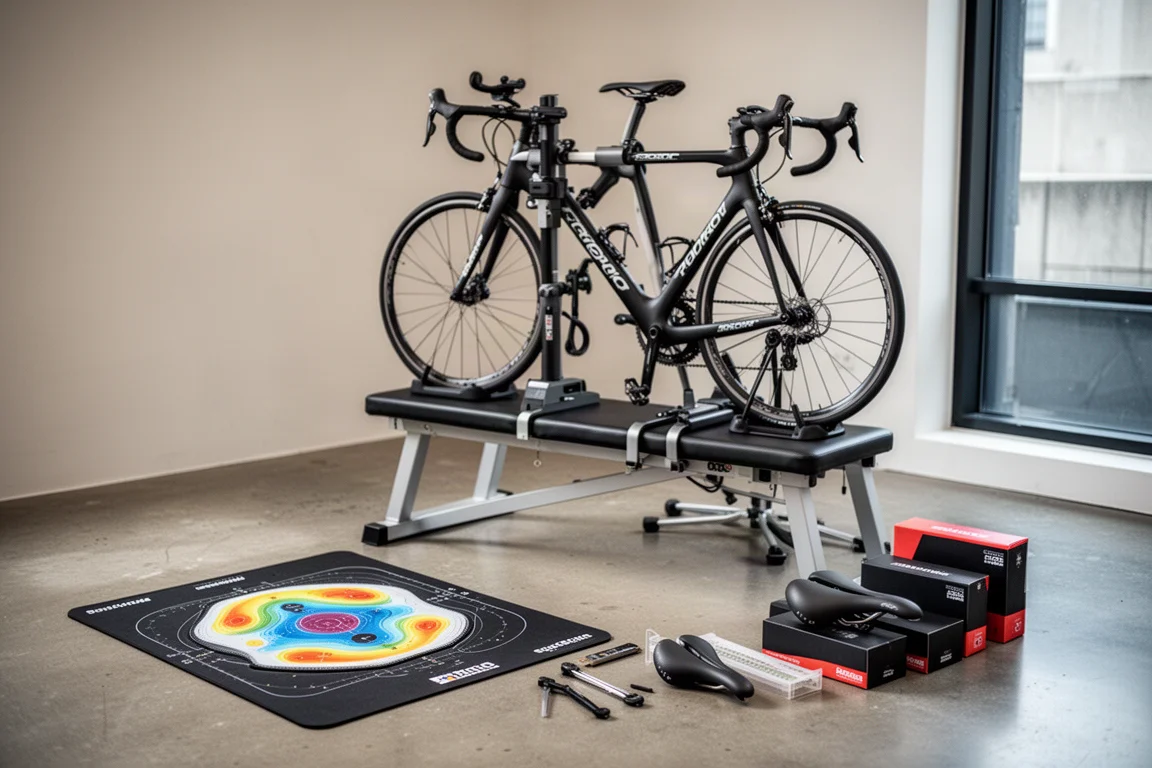 Studio di bike fit con una bici da strada su un cavalletto di fitting e strumenti di mappatura della pressione