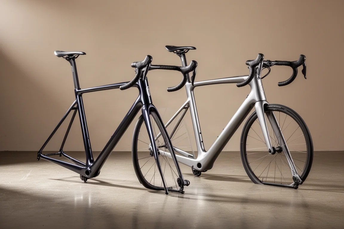 Two road bike frames side by side on a concrete studio floor