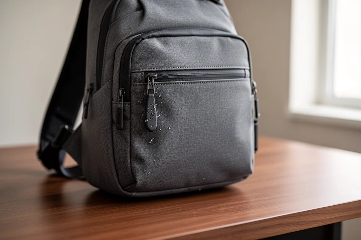 Compartimento posteriore esterno con cerniera di una borsa a tracolla mostrato da vicino