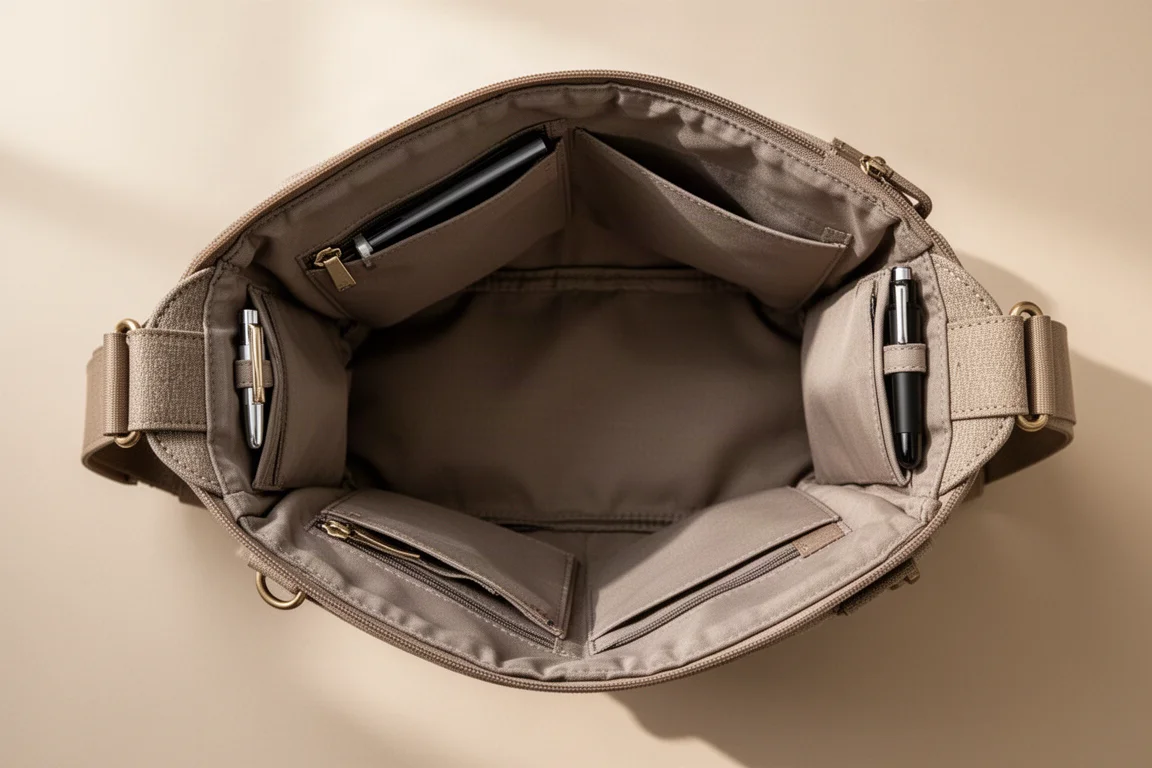 Interno aperto di una borsa a tracolla con ampio compartimento centrale e organizzatori laterali