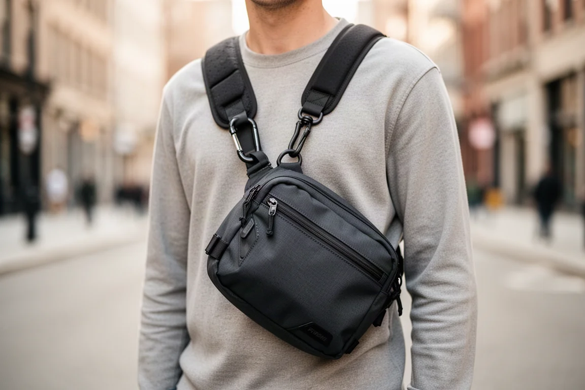 Borsa a tracolla indossata sul petto con tracolla rimovibile e aggancio a moschettone