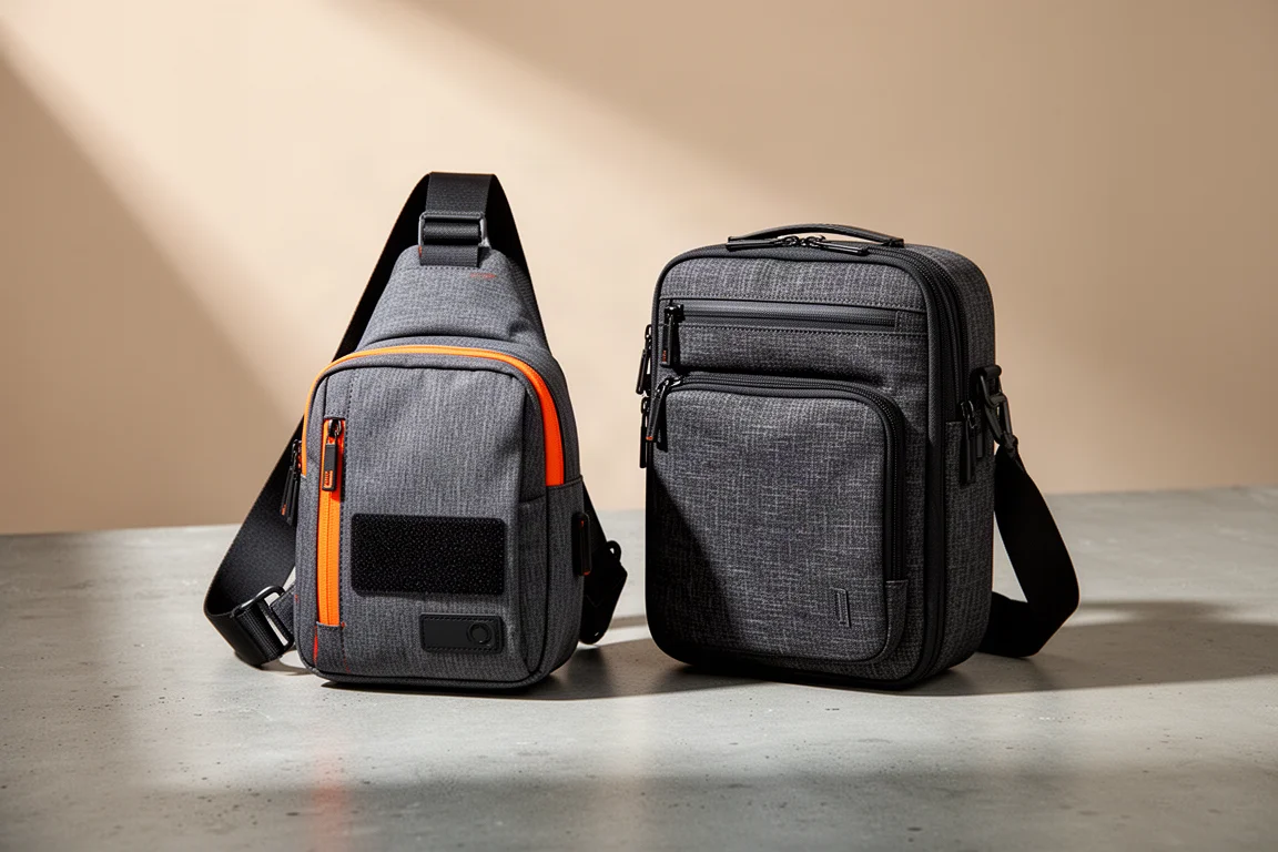 Two modern sling bags side by side on a concrete surface