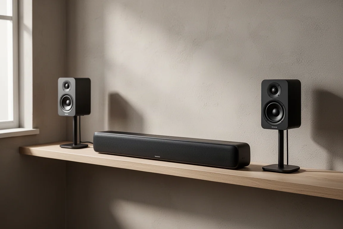 Smukły czarny soundbar na drewnianej półce obok dwóch małych głośników satelitarnych na podstawkach