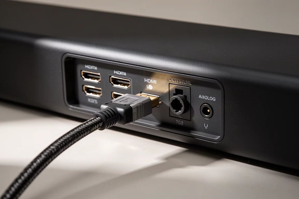 Zbliżenie panelu złączy z tyłu soundbara z kablami HDMI i optycznymi