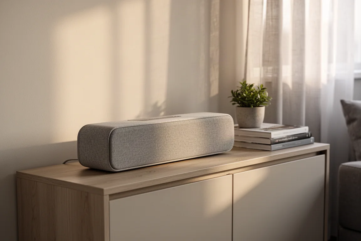 Kompaktowy soundbar na komodzie w małym mieszkaniu o zmierzchu