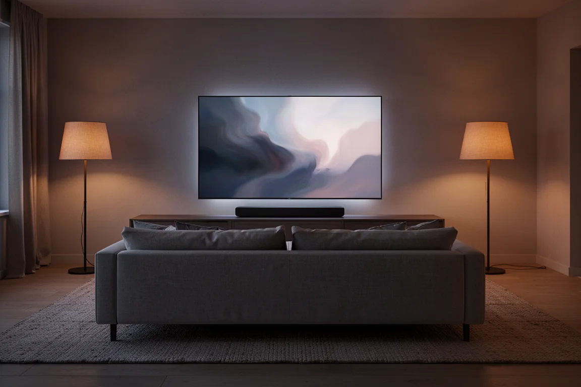 Salon nocą z soundbarem pod telewizorem wyświetlającym film