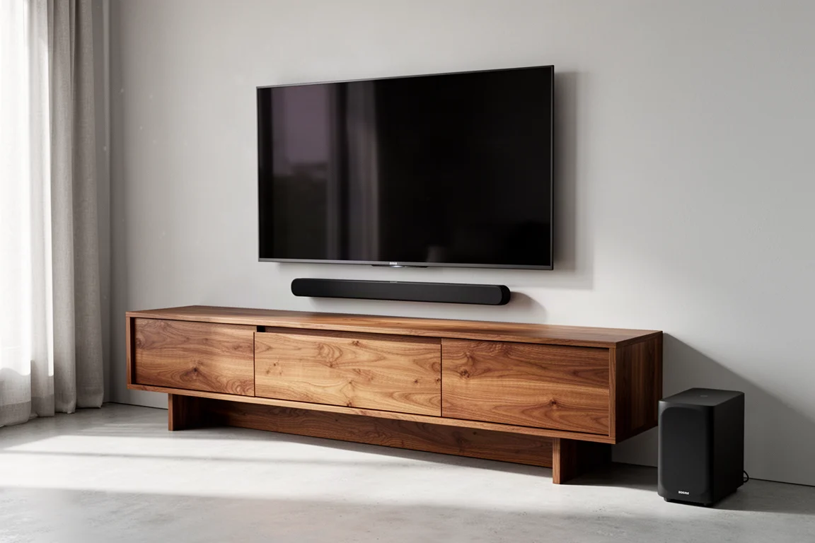 Slim soundbar and subwoofer on an oak media console beneath a television in a modern room