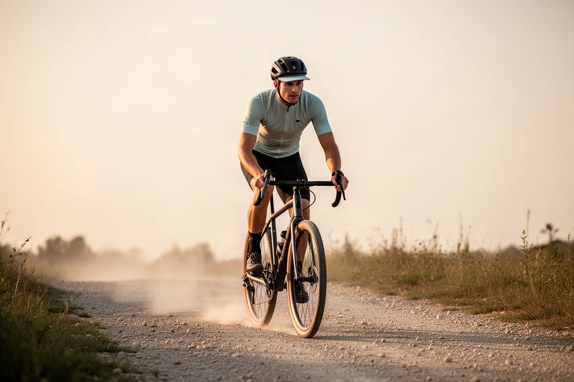 Ciclista en un camino de grava con maillot ligero y casco
