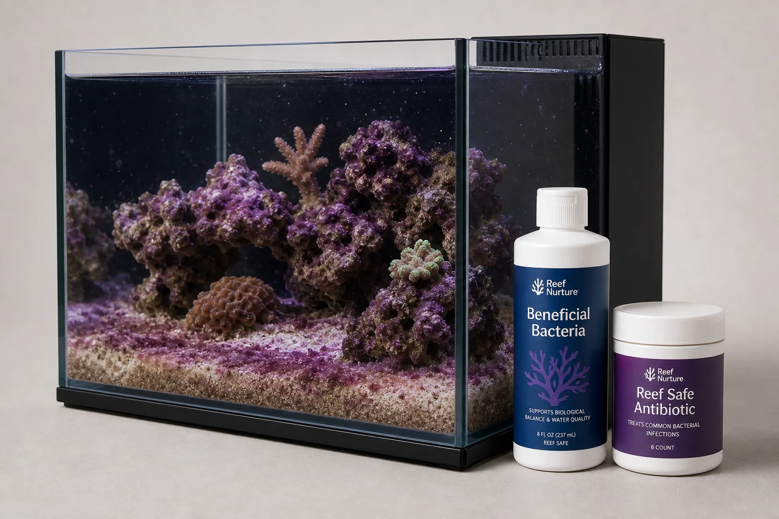 背景中性，展示帶有紫色藍綠菌的海水缸與治療產品
