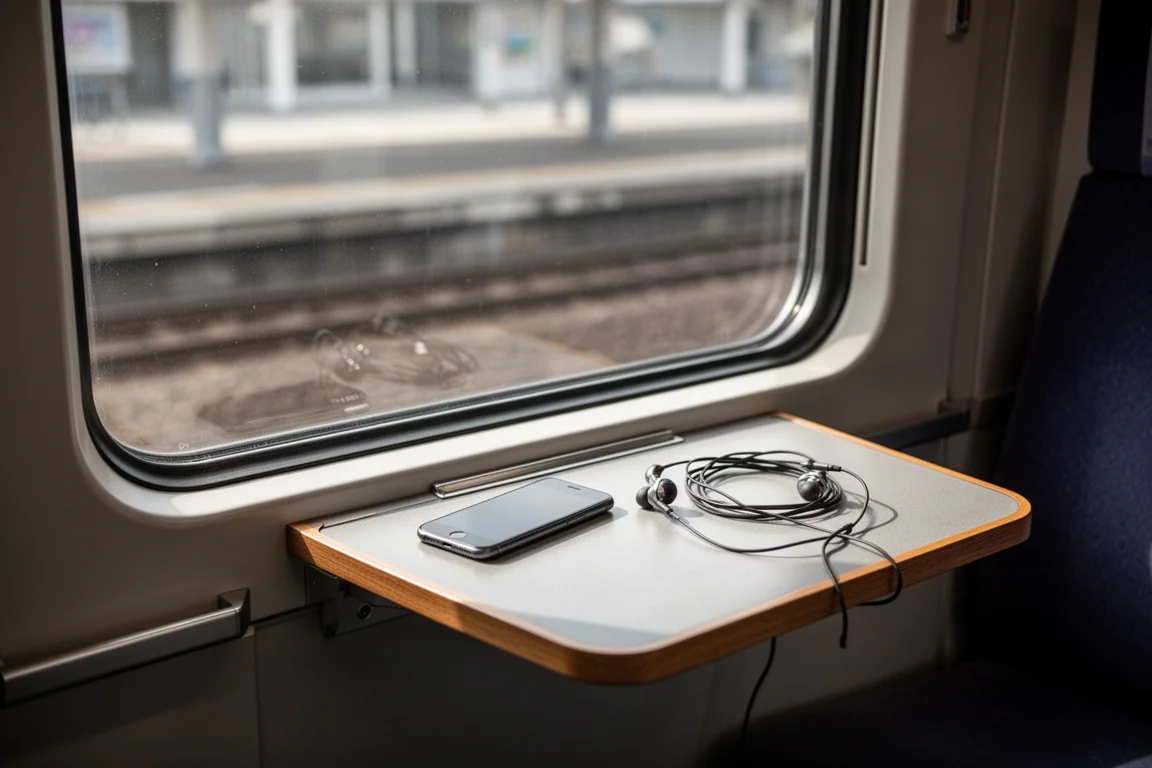 Phone and coiled wired earphones on a train tray table beside a window