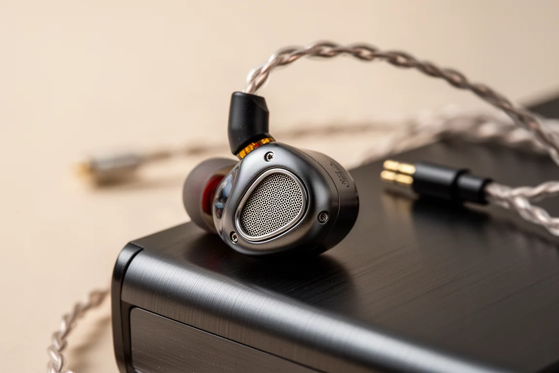 Macro view of an in-ear monitor nozzle and two-pin cable connector on dark metal