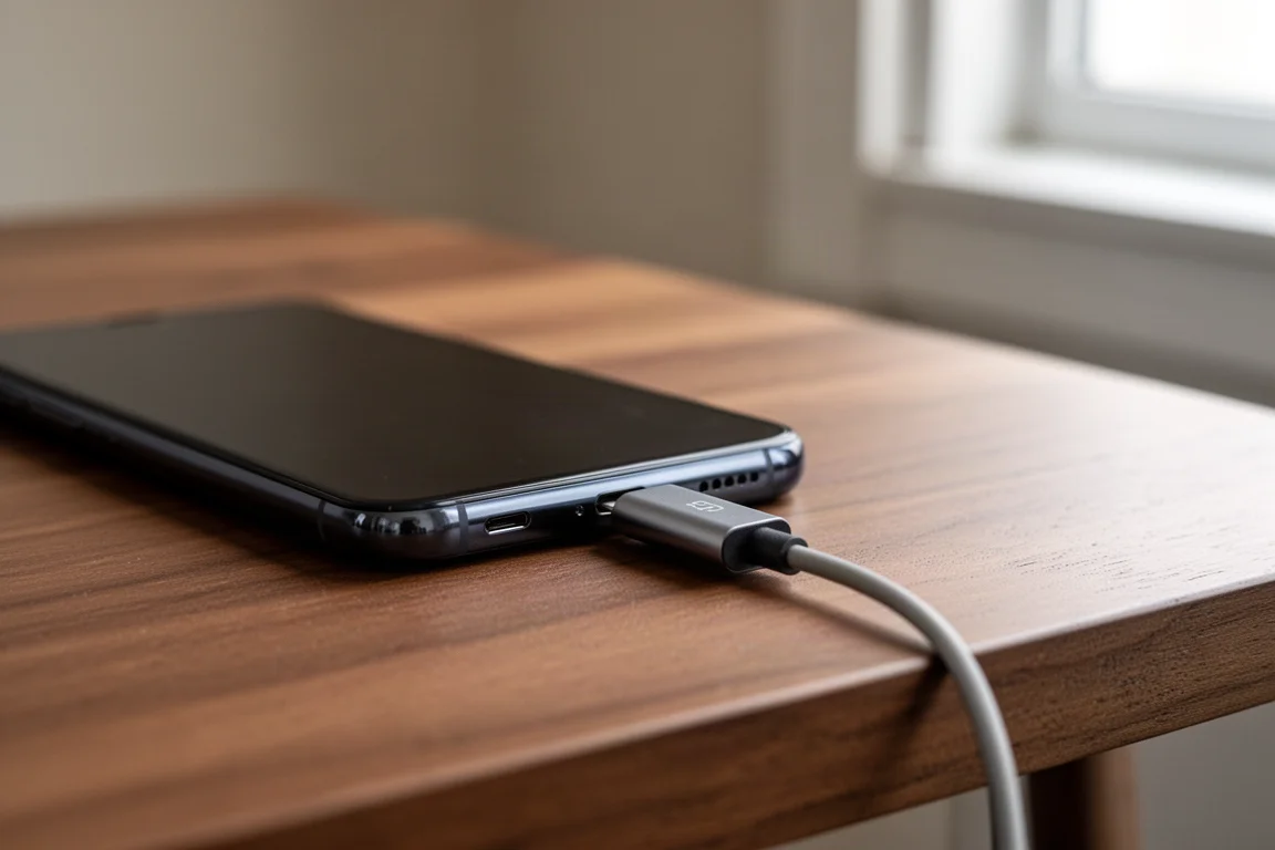 USB-C dongle DAC plugged into a phone resting on a wooden table