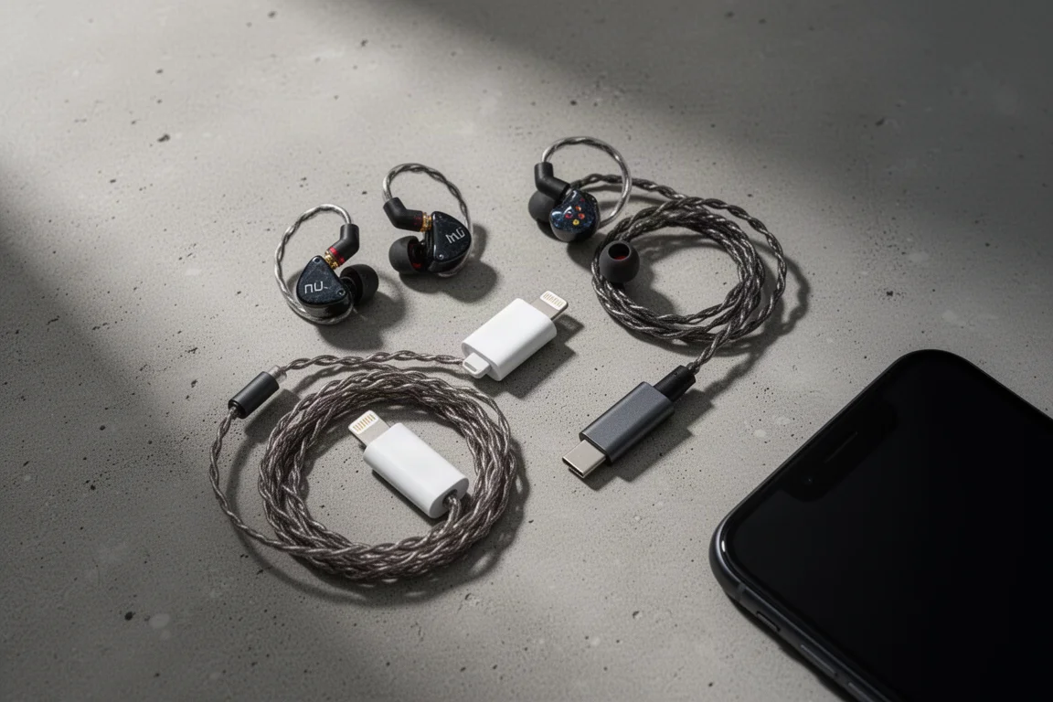 Overhead flat-lay of in-ear monitors, adapters, a dongle, and a phone on concrete
