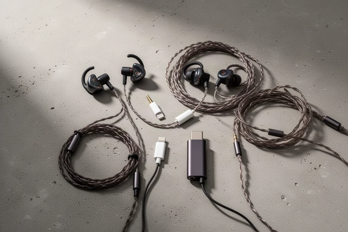 Two pairs of in-ear monitors, a Lightning adapter, and a USB-C dongle on concrete