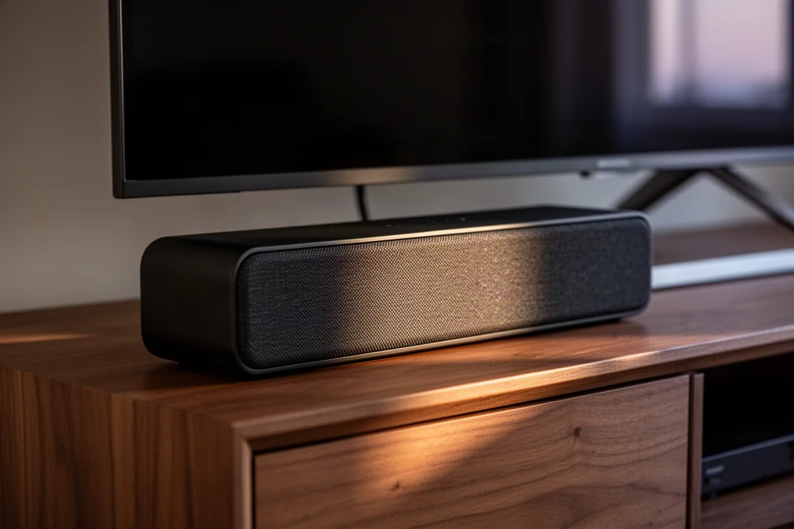Kompaktowy matowy czarny soundbar na przedniej krawędzi drewnianej szafki pod telewizorem