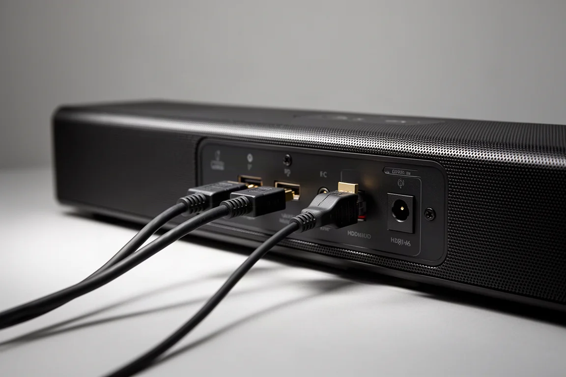 Tylny panel przyłączeniowy soundbara z podłączonymi kablami HDMI i optycznym