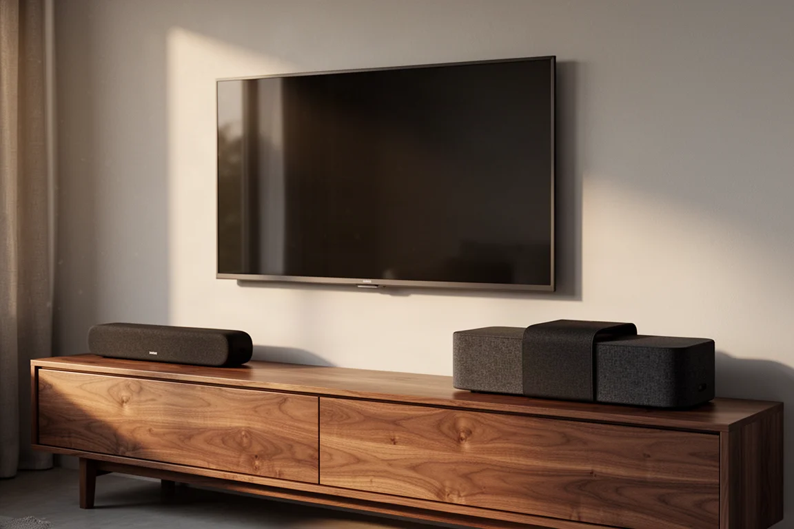 Compact and large soundbars on a walnut media console beneath a wall-mounted TV