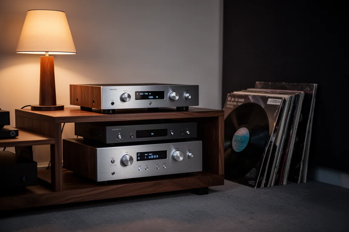 Hi-Fi-Geräterack in einem dunklen Hörraum mit warmem Licht auf Metallfrontplatten