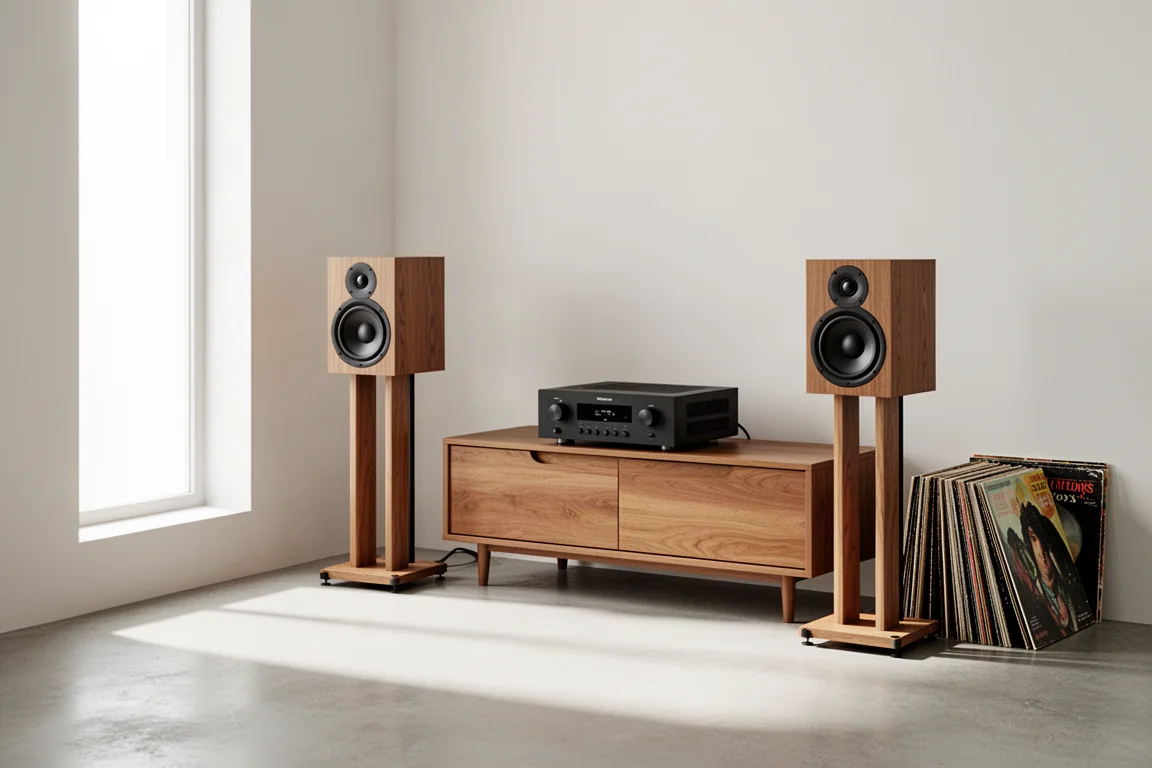 Bookshelf speakers on wooden stands in a bright listening room with an amplifier and vinyl records