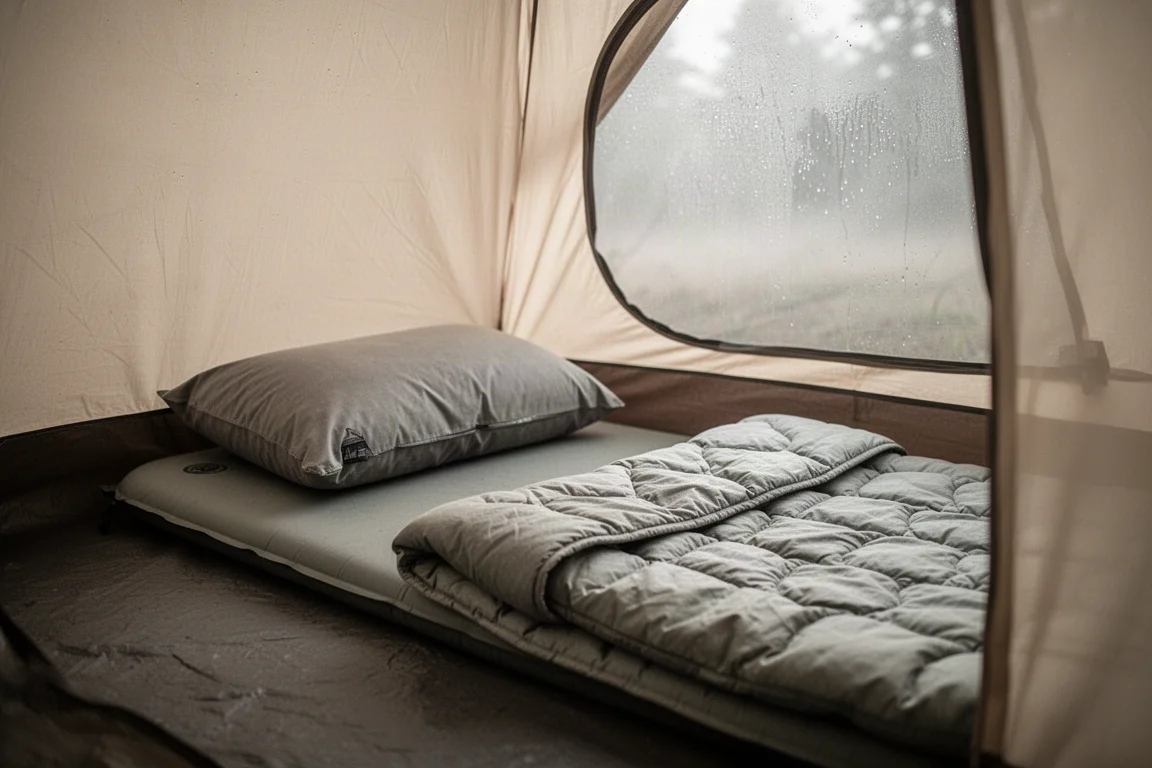 Campingkudde vid huvudändan av ett liggunderlag i ett tält