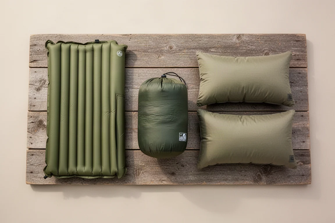 Platt layout av sömnpackningsutrustning på vittrade träplankor