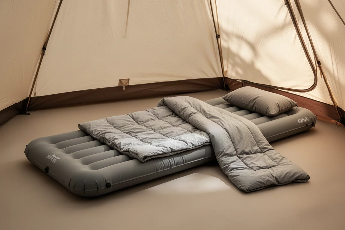 Backpacking sleep system with inflatable pad, quilt, and pillow inside a tent