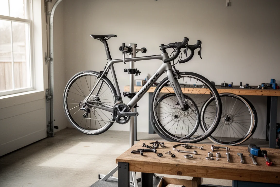 Telaio di bici da corsa montato su un supporto da officina in un garage luminoso