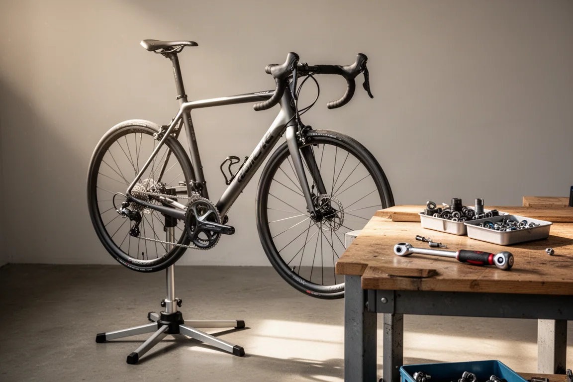 Bici da corsa su un cavalletto da lavoro in un'officina ordinata con attrezzi su un banco