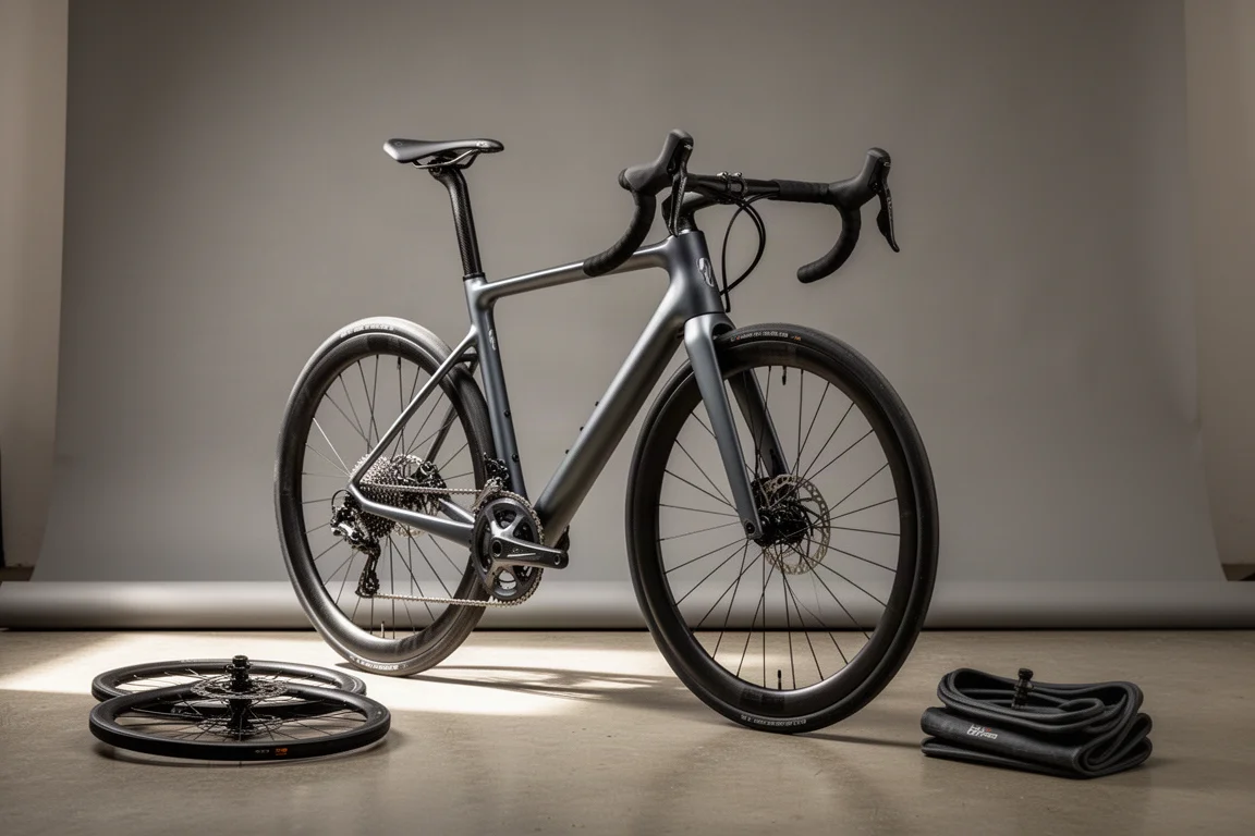 Road bike with deep-section wheels on a concrete floor beside a grey backdrop