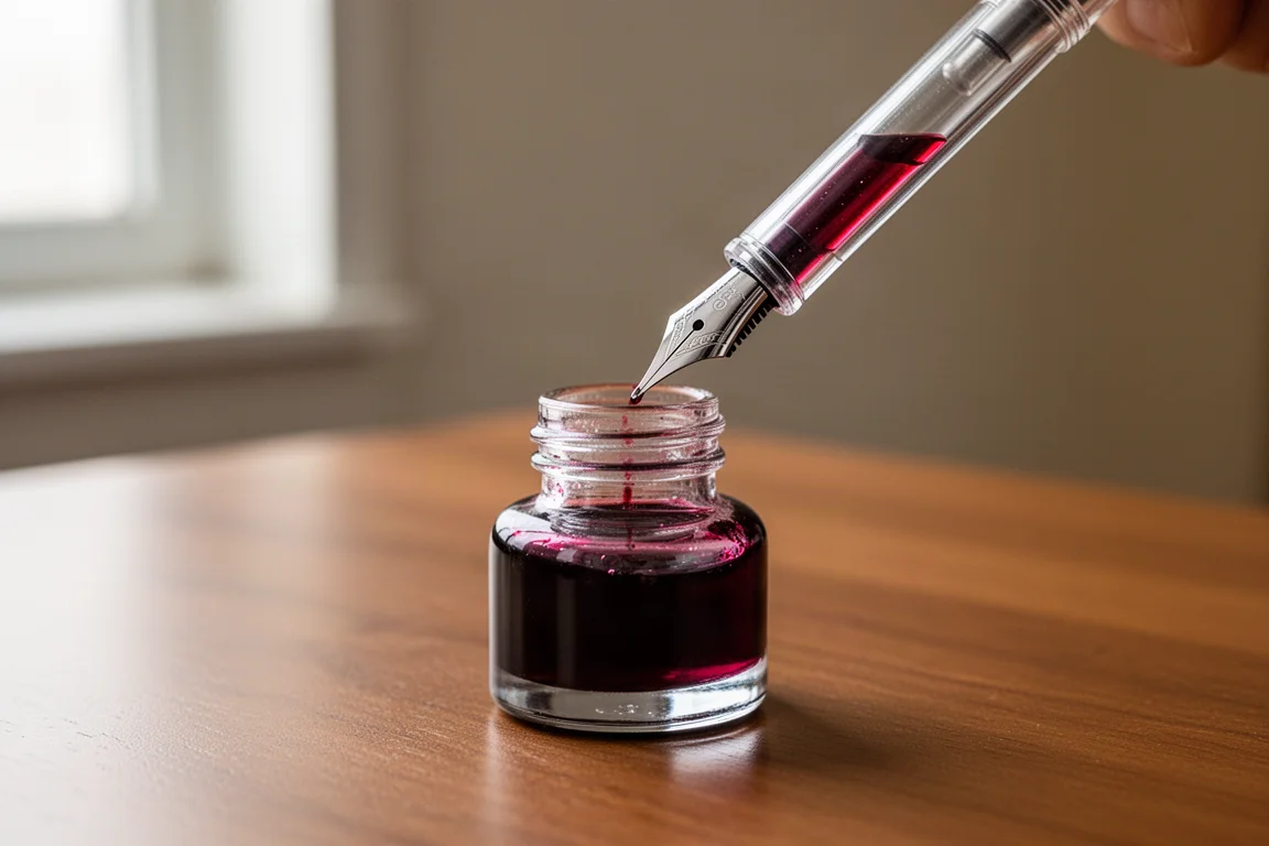 Caneta-tinteiro demonstradora transparente sendo recarregada a partir de um frasco de tinta