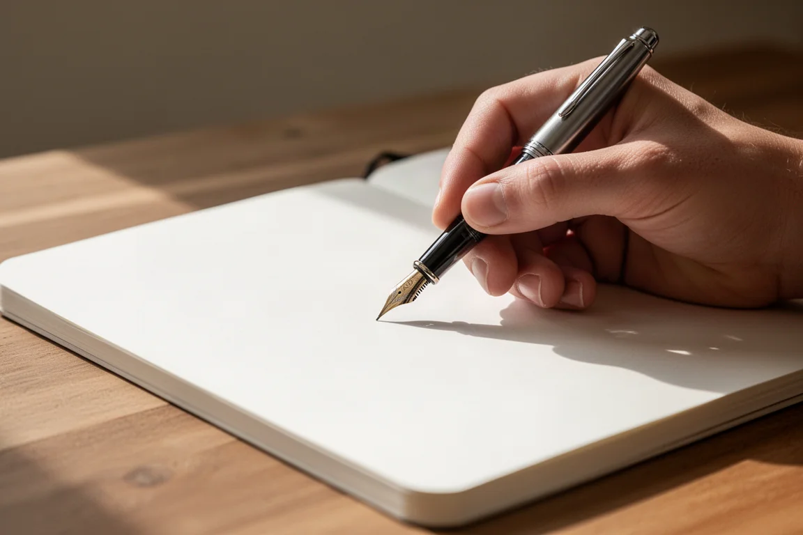 Mão deslizando sobre papel liso e branco de caderno enquanto escreve