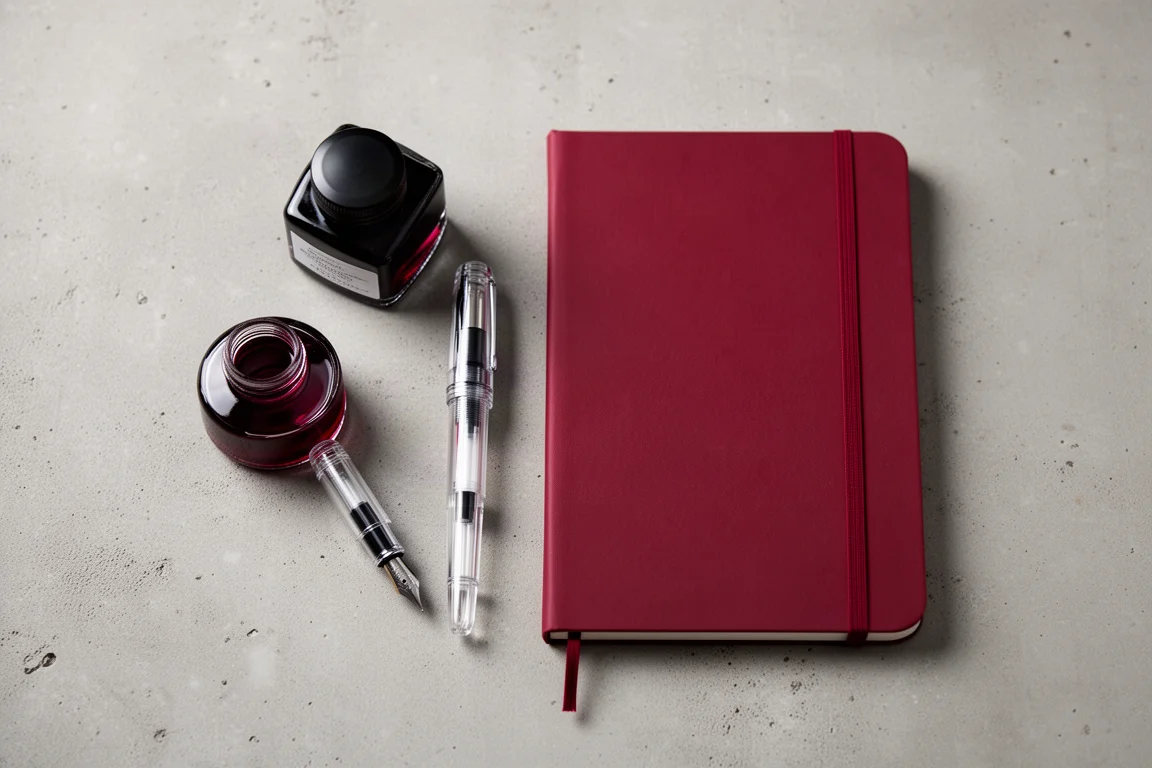 Kit inicial completo de caneta-tinteiro organizado sobre uma mesa com caderno e tinta