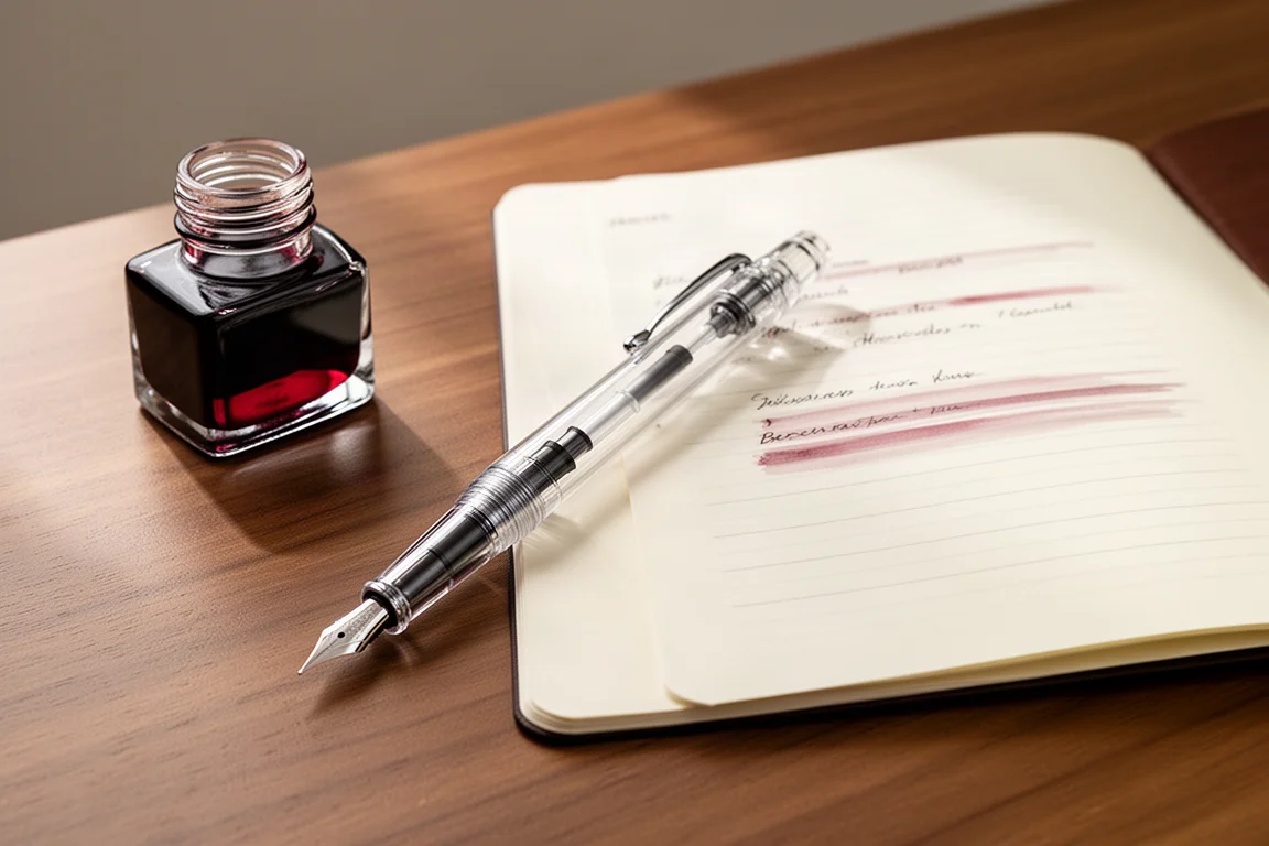 Clear fountain pen, red ink bottle, and open notebook arranged on a wooden desk