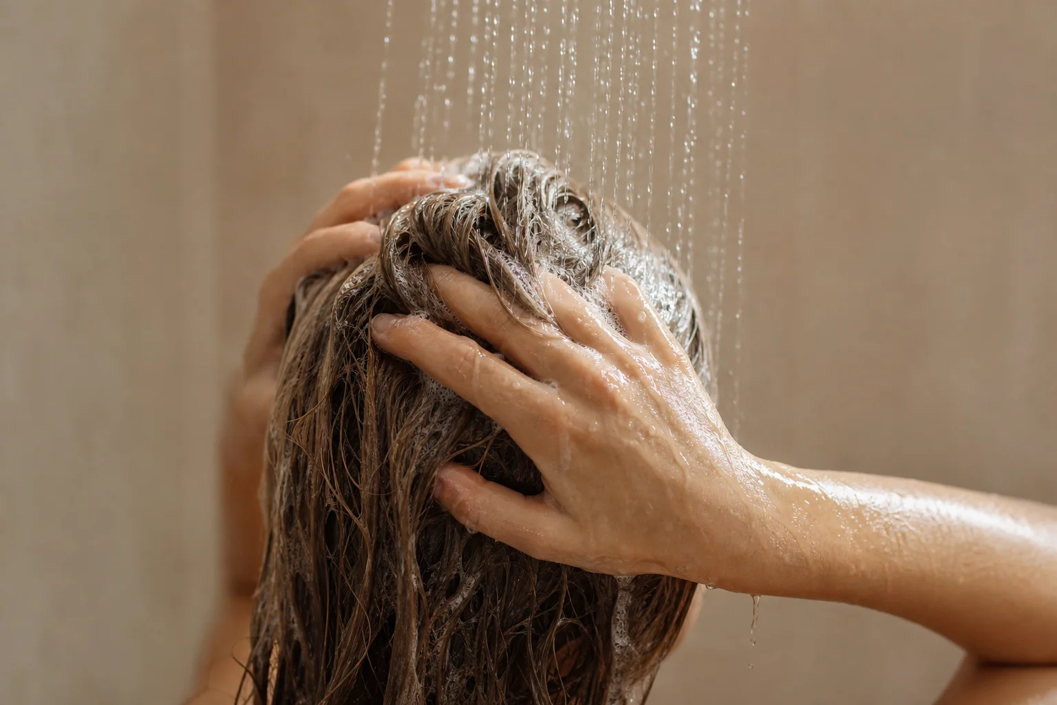 Person washing and conditioning fine hair in shower
