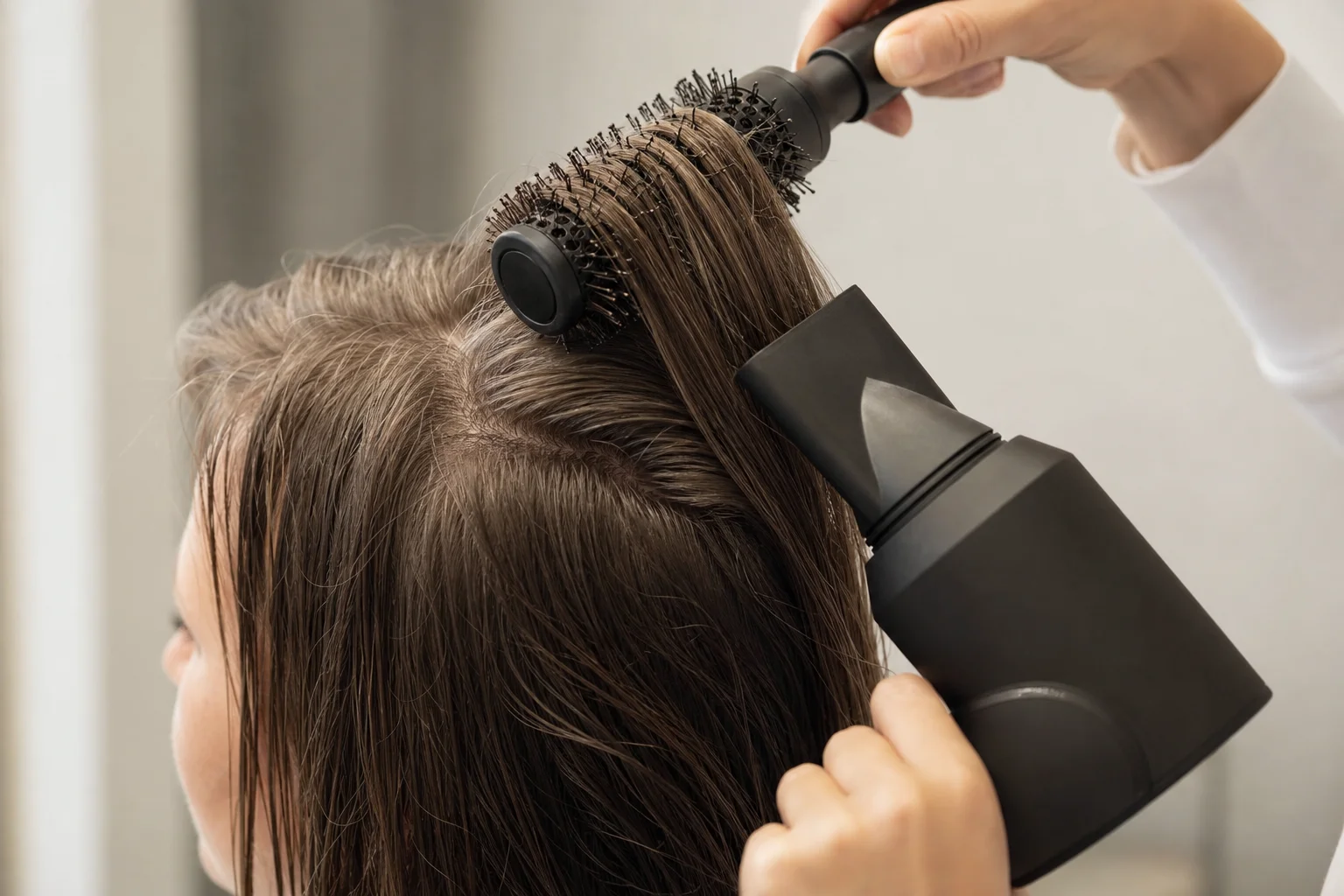 Blow-dry brush creating volume at the crown of fine hair