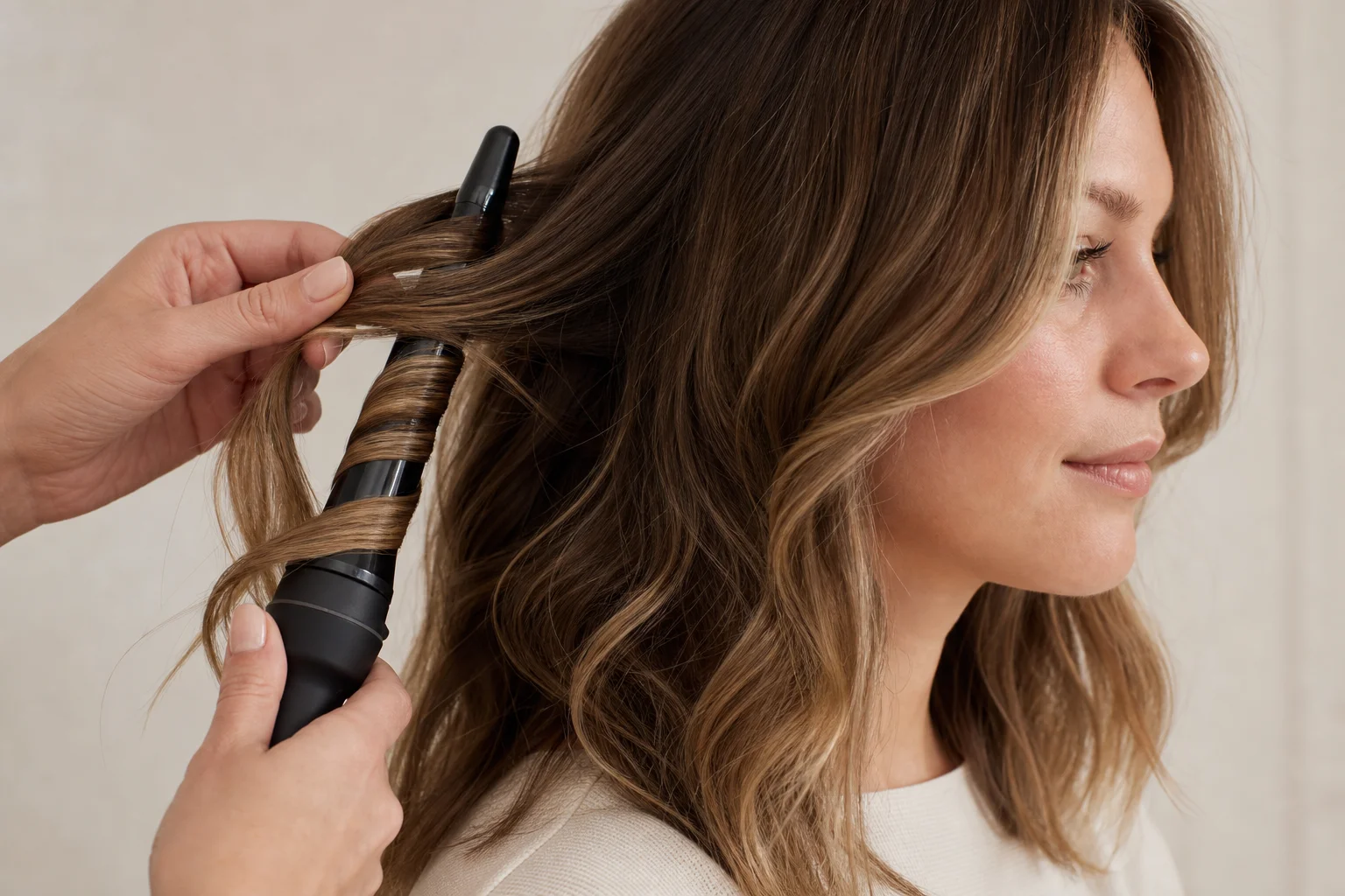 Curling wand creating waves using twisting technique on fine hair