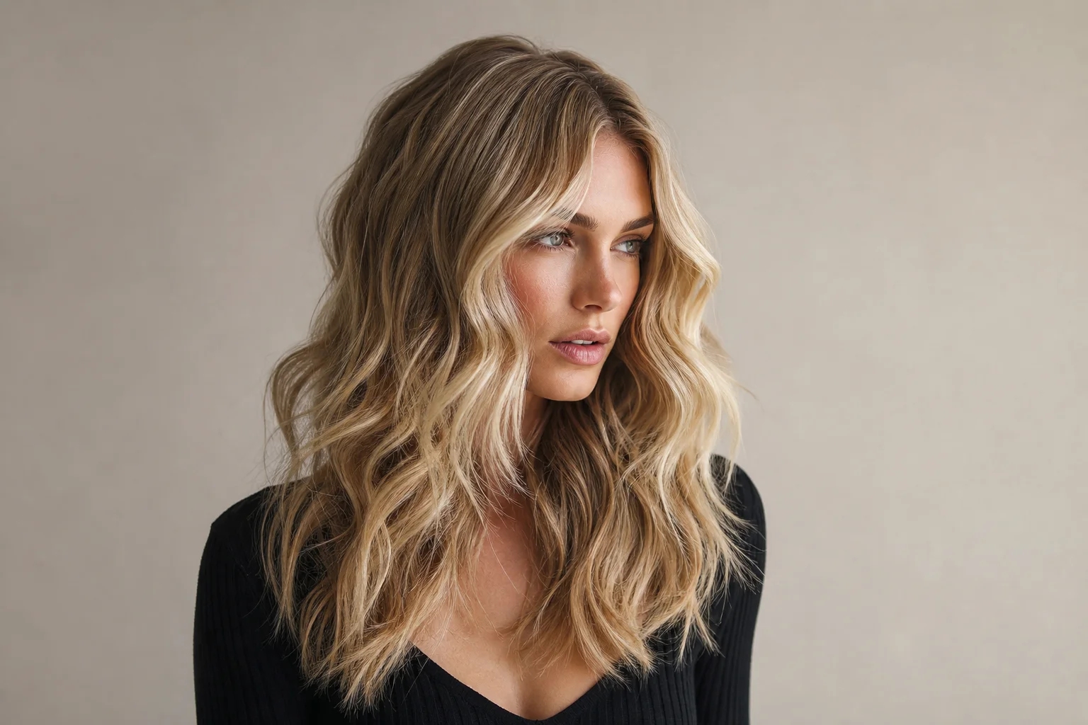 Finished voluminous wavy hairstyle with texture and movement