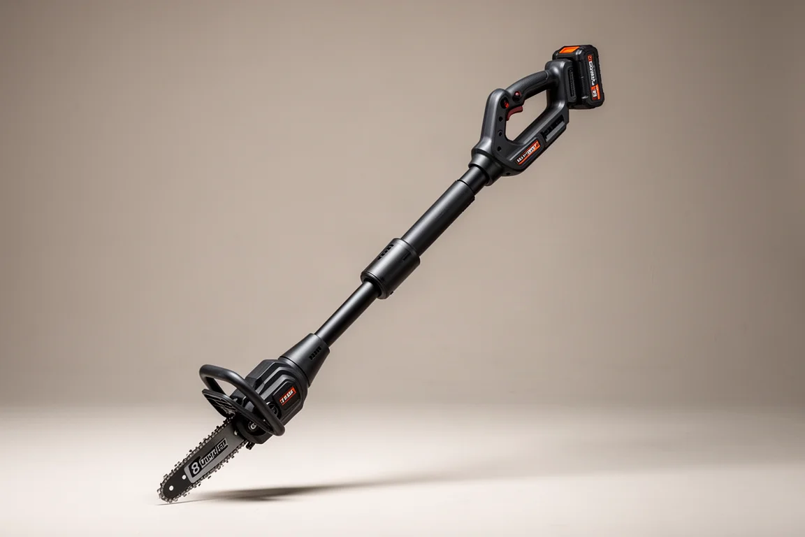 Hoyt 40V pole saw standing upright on a neutral grey backdrop