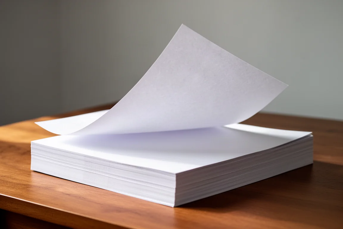 Nahaufnahme einer Hand, die ein dickes weißes Blatt Druckerpapier von einem Ries auf dem Schreibtisch hebt