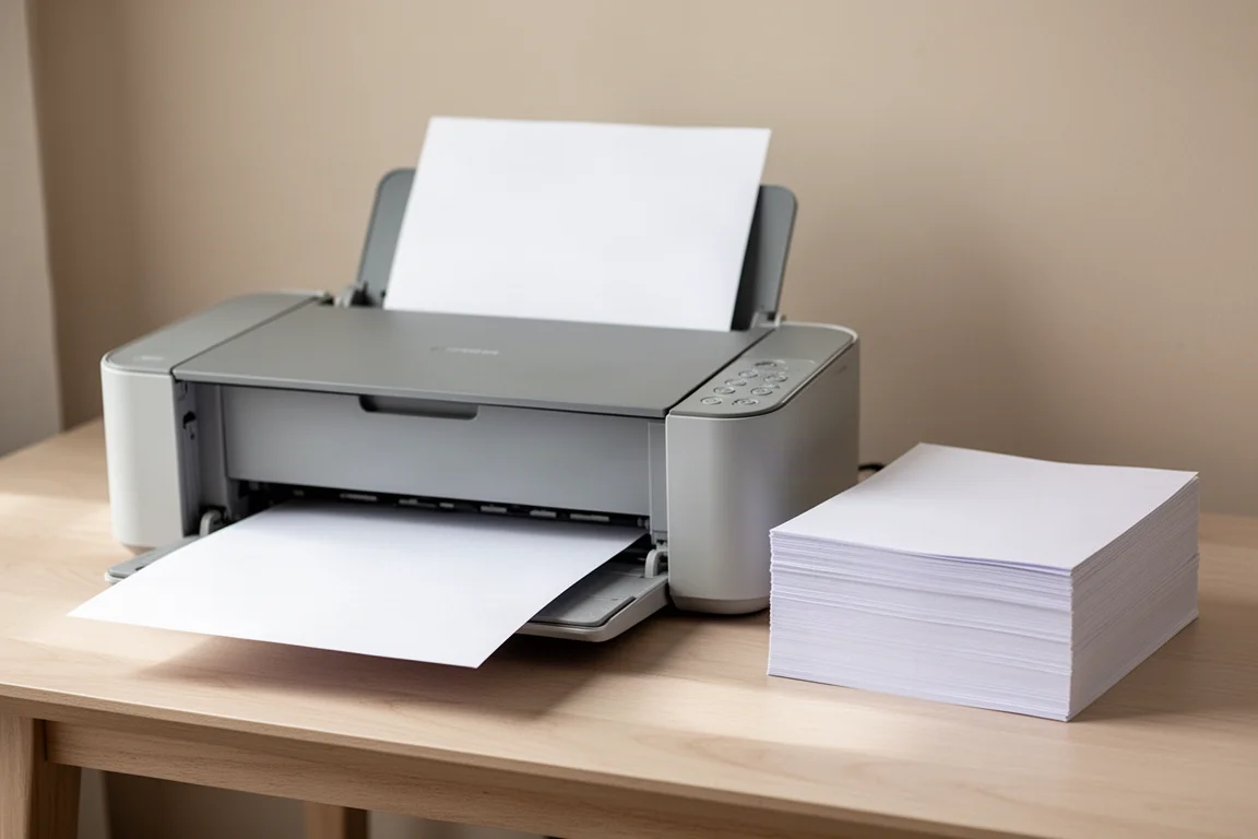 Heimdrucker produziert eine gedruckte Seite neben einem Ries weißes Papier