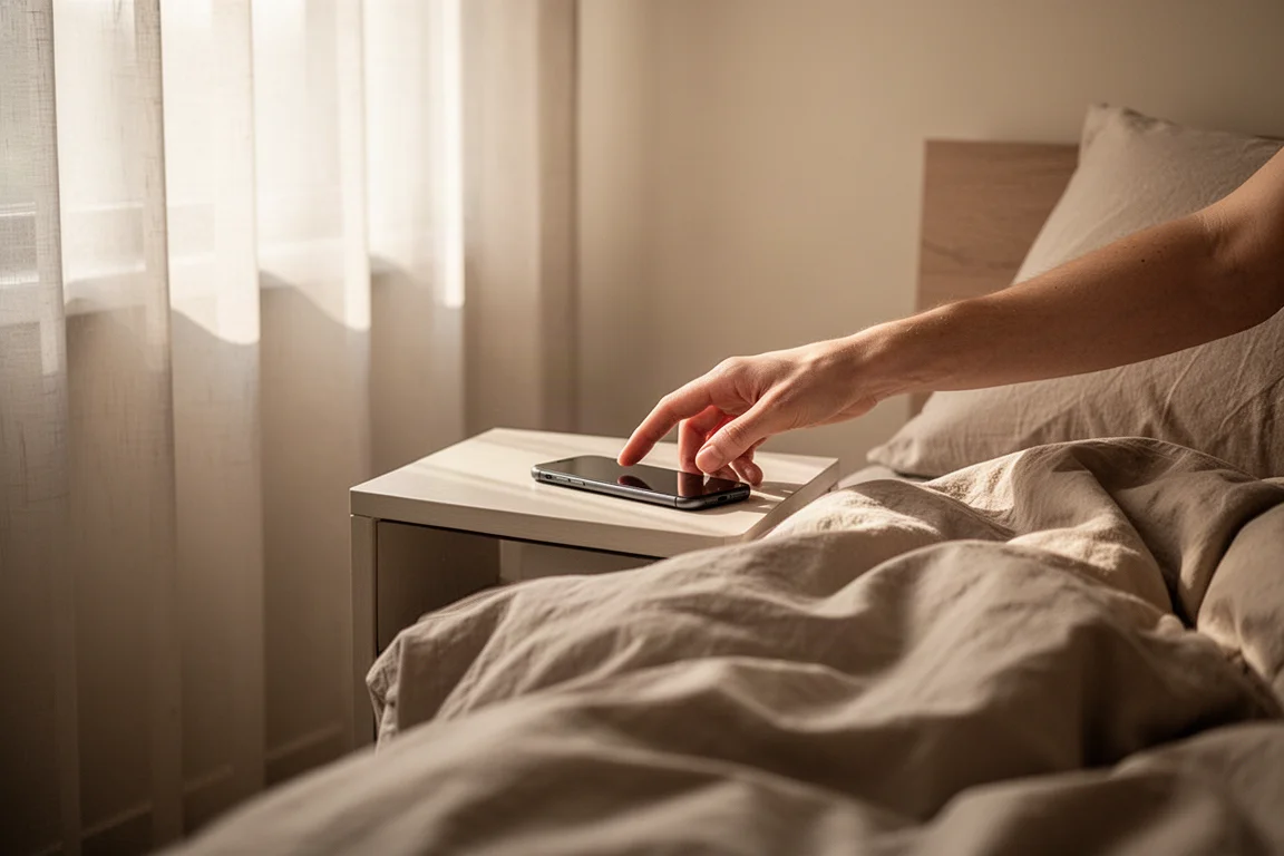 Läuferin oder Läufer wacht auf und prüft am Morgen im sanften Licht das Smartphone neben dem Bett