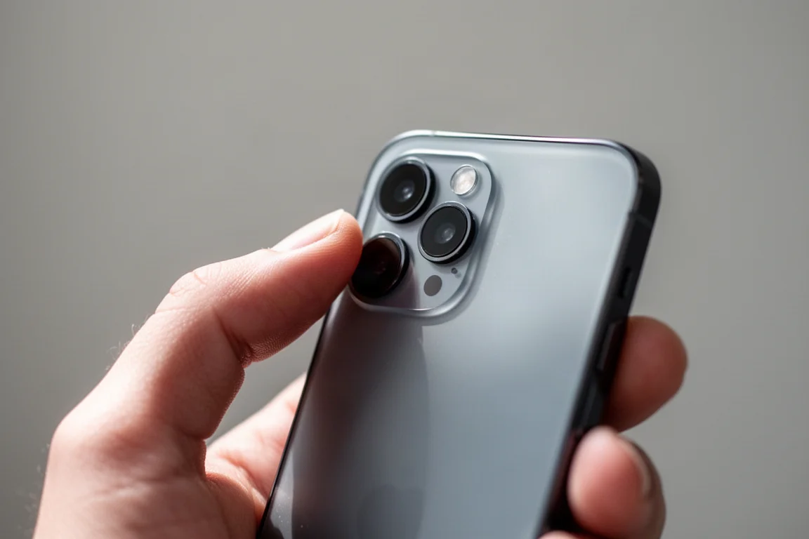 Finger ruht bei einer morgendlichen Messung über dem Smartphone-Kameraobjektiv