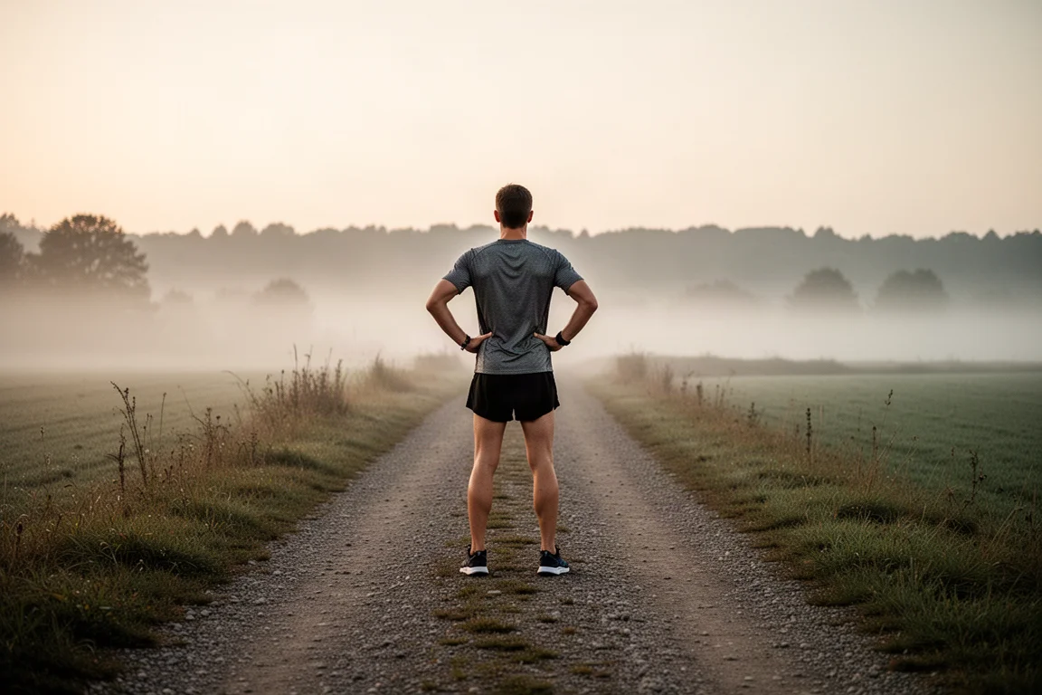 Läufer hält auf einem ruhigen Trail an, um den Tagesverlauf des Trainings einzuschätzen