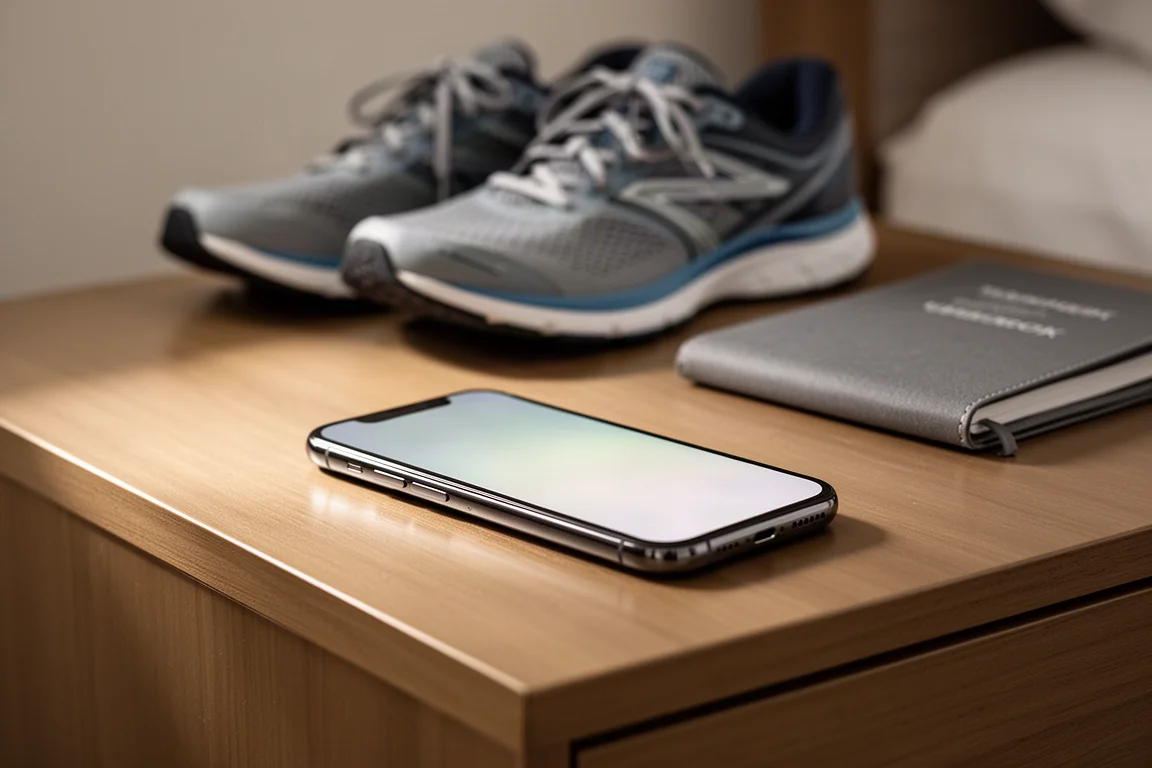 Smartphone on a bedside table in soft morning light with running gear blurred behind