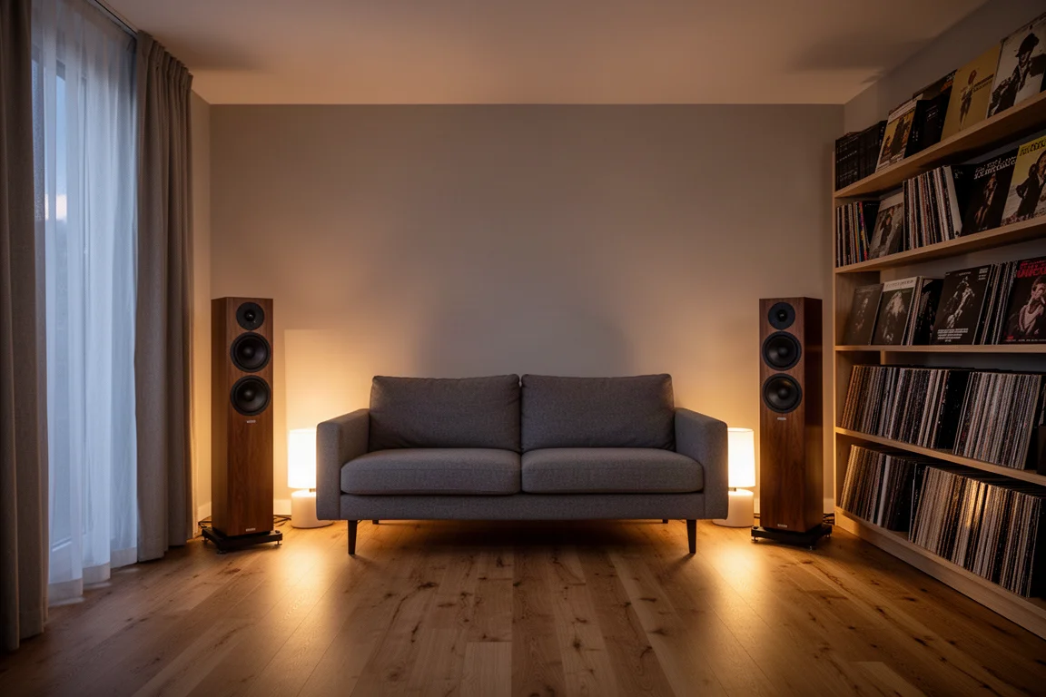 Listening room at dusk with two stand-mounted speakers flanking a low sofa