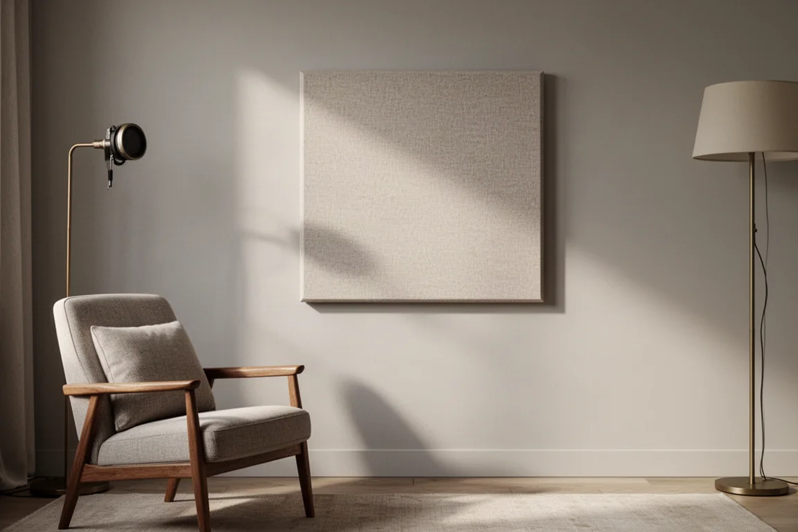Fabric acoustic panel mounted on a living room side wall beside a chair