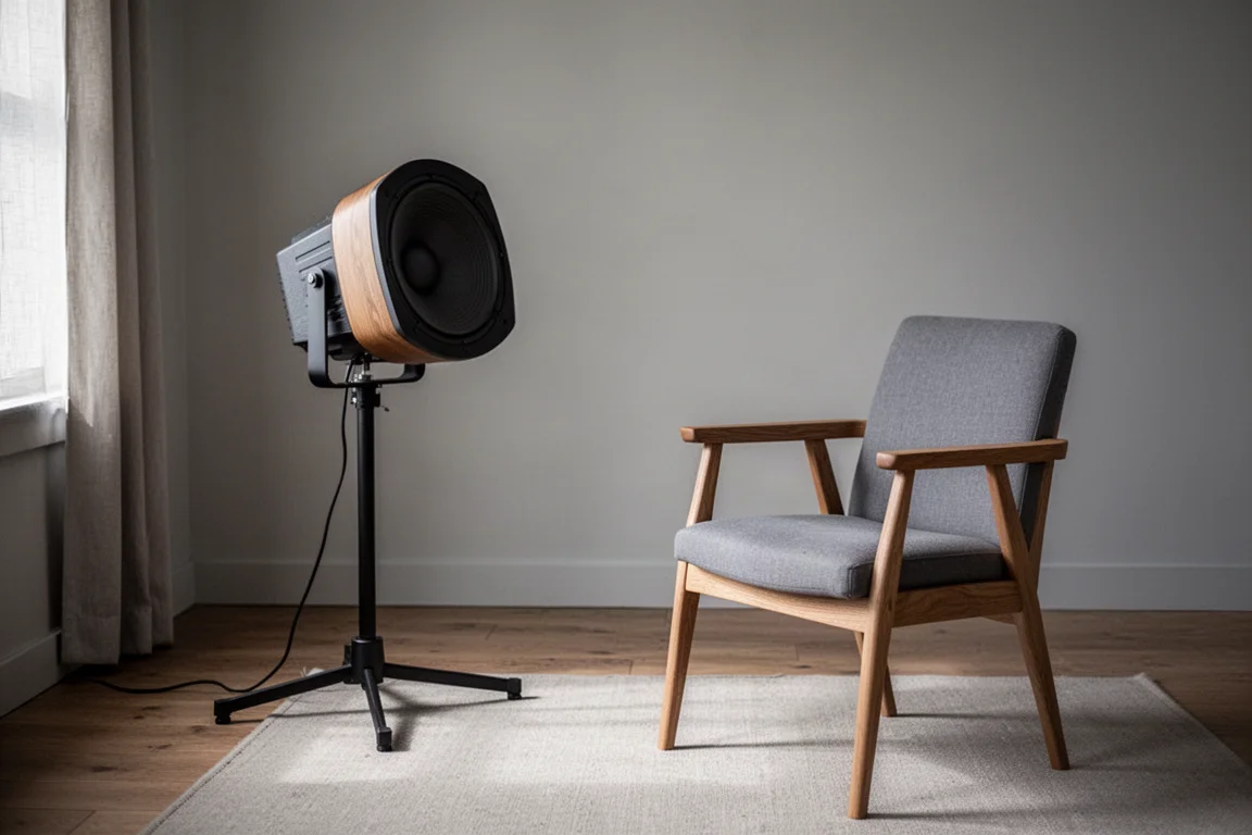 Loudspeaker on a stand angled inward toward an empty listening chair